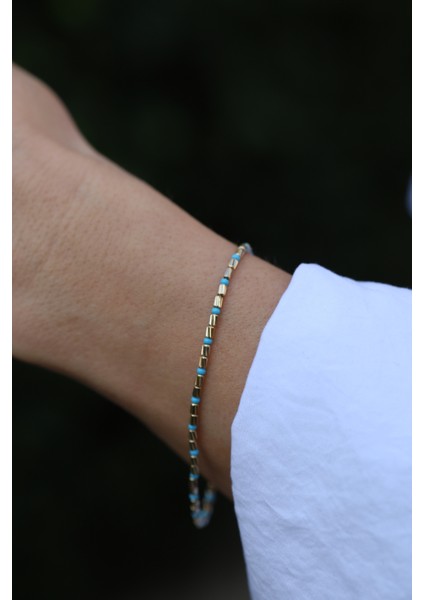 14 Ayar Altın Firuze Taş Detaylı Silindir Dorika Bileklik