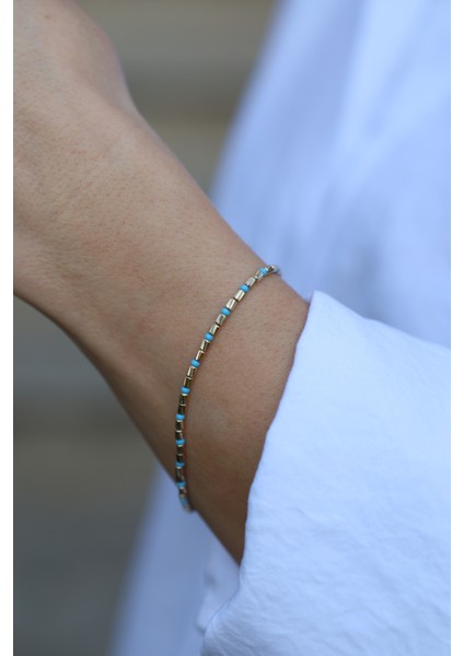 14 Ayar Altın Firuze Taş Detaylı Silindir Dorika Bileklik modelleri