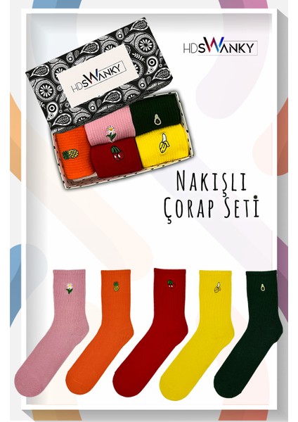 Kadın Nakışlı Renkli Karışık 5'li Kutulu Çorap Seti