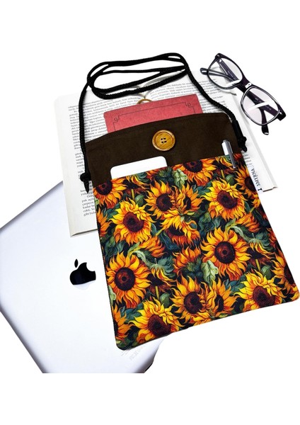 Askılı - Kitap / Tablet / Ebook Çantası – Çıkarılabilir Askı ( Ayçiçekleri, Günebakan , Sunflower )
