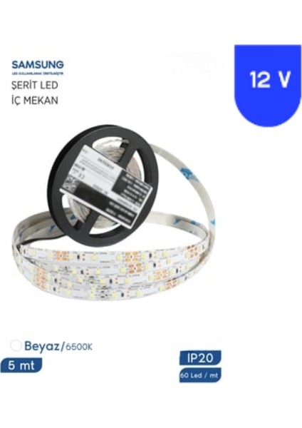 12 Volt 2835 Samsung 6500K Beyaz Şerit LED 5 Metre IP20