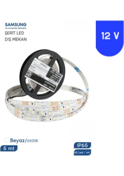 12 Volt 2835 Samsung 6500K Beyaz Şerit LED 5 Metre IP65 Dış Mekan