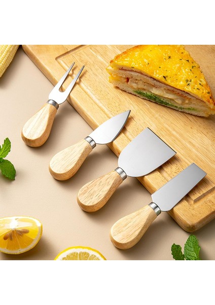 4'lü Bambu Saplı Çelik Peynir Bıçağı Seti | Mini Bıçak Seti Tereyağı,peynir Bıçağı Spatula Çatal Set