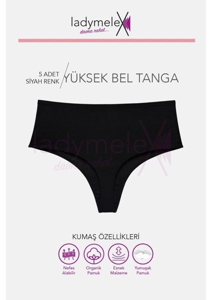 Kadın Tanga, 5'li Paket, Yüksek Bel Tanga, Siyah Tanga, %100 Rahat Kumaş