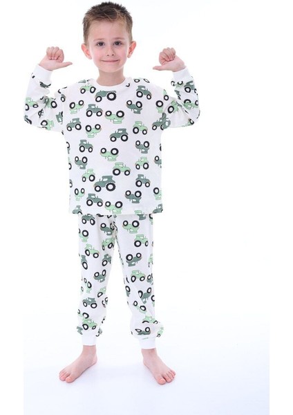 Pamuk Yeşil Traktör Desenli Erkek Pijama Takımı 5-6 - Ekru