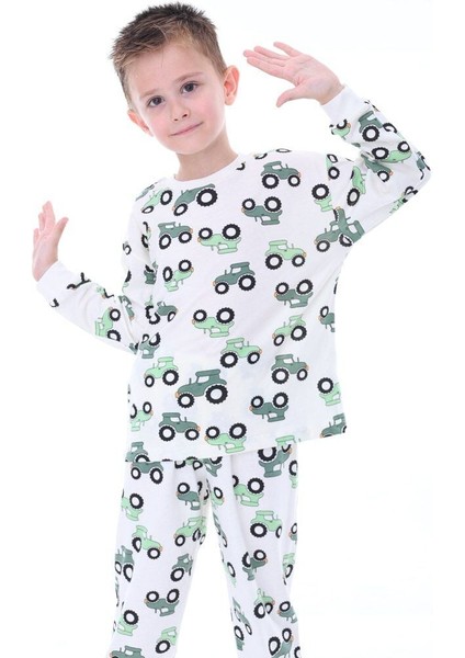 Pamuk Yeşil Traktör Desenli Erkek Pijama Takımı 5-6 - Ekru modelleri