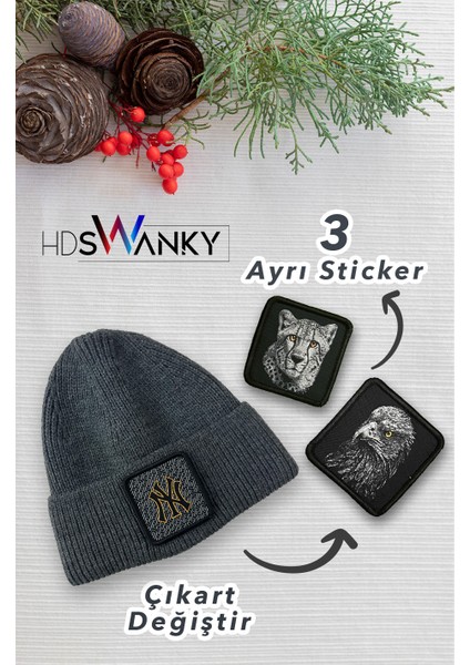Unisex 3 Farklı Sticker Tasarımlı Koyu Gri Bere
