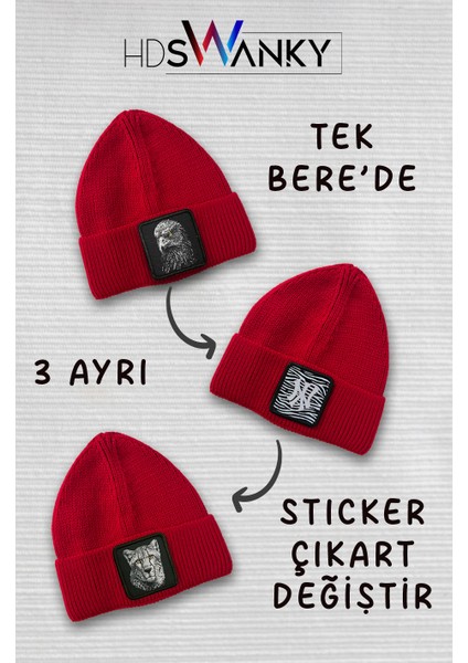 Unisex 3 Farklı Sticker Tasarımlı Kırmızı Bere fiyatları