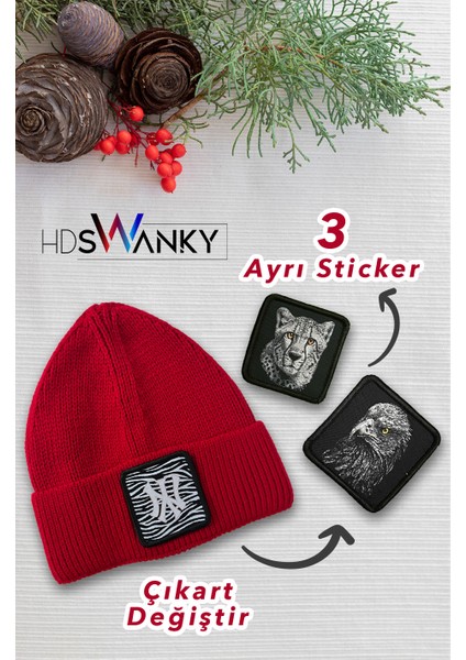 Unisex 3 Farklı Sticker Tasarımlı Kırmızı Bere