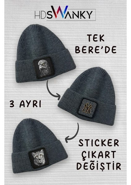 Unisex 3 Farklı Sticker Tasarımlı Koyu Gri Bere fiyatları