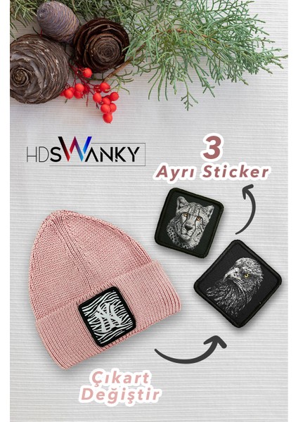 Hdwanky Unisex 3 Farklı Sticker Tasarımlı Toz Pembe Bere