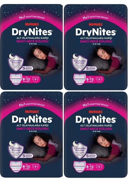 Drynites Kız Emici Gece Külodu 8-13 Yaş 30-48 kg 9lu x 4 Adet