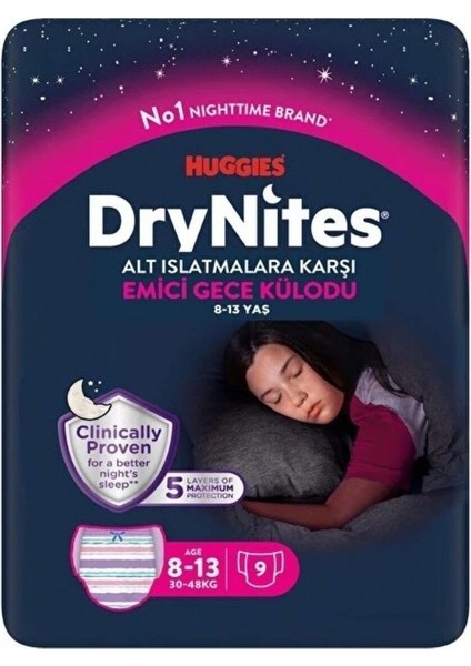 Drynites Kız Emici Gece Külodu 8-13 Yaş 30-48 kg 9lu