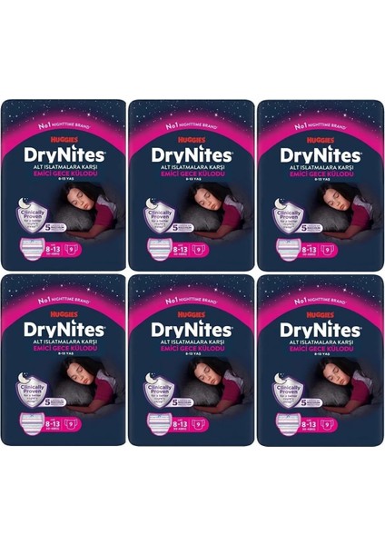 Drynites Kız Emici Gece Külodu 8-13 Yaş 30-48 kg 9lu x 6 Adet