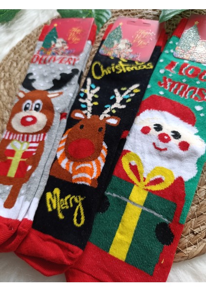 Minilkabebe Yılbaşı Noelbaba Çocuk Soket Çorap Pamuklu 9-11 Yaş yeşil