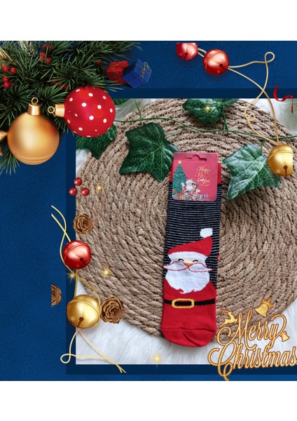 Minilkabebe Yılbaşı Noelbaba Çizgili Çocuk Soket Çorap Pamuklu 7-9Yaş Siyah