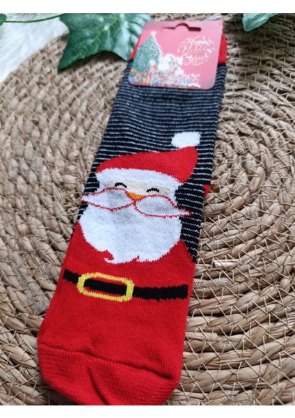 Minilkabebe Yılbaşı Noelbaba Çizgili Çocuk Soket Çorap Pamuklu 7-9Yaş Siyah
