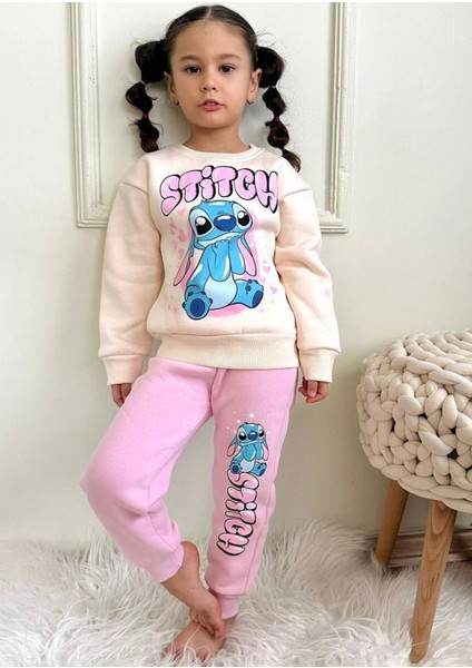 Stitch Desenli Pembe 3 Ip Şardonlu Pamuk Kız Çocuk Eşofman Takımı 3-10 Yaş 7332-P