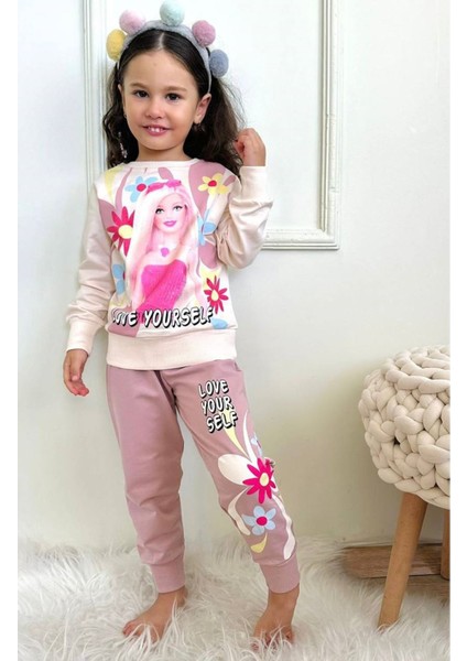 Barbie Desenli Gül Kurusu 2 Ip Pamuk Kız Çocuk Eşofman Takımı 3-10 Yaş 7285-GK