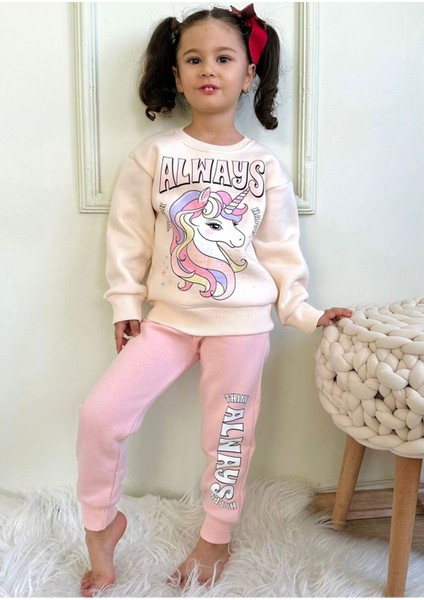 Unicorn Desenli Pembe 3 Ip Şardonlu Pamuk Kız Çocuk Eşofman Takımı 3-10 Yaş 7369-P