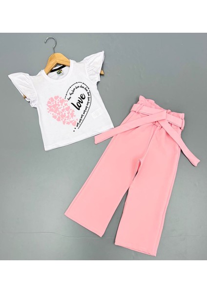 Love Kalp Desenli Croplu Kumaş Pantolonlu Kız Takım Pembe 3-10 Yaş 07053-P