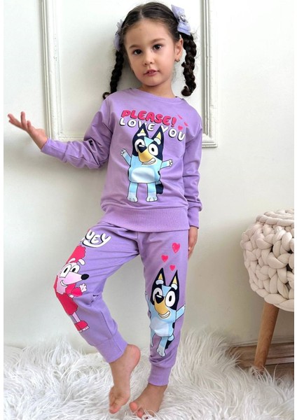 Bluey Desenli Lila 2 Ip Pamuk Kız Çocuk Eşofman Takımı 3-10 Yaş 7290-L