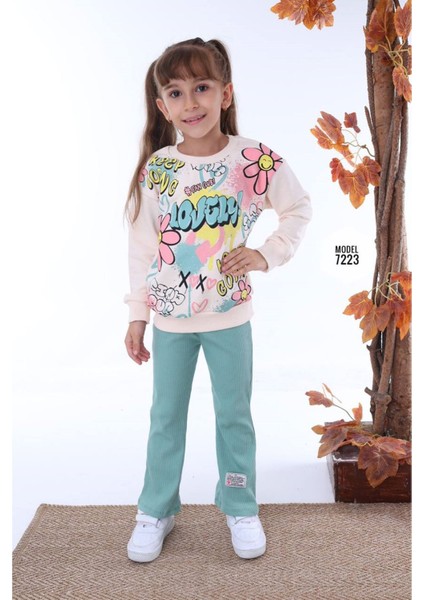 Love Sweat Desenli Yeşil Fitilli Taytlı 2 Ip Pamuk Kız Çocuk Takımı 3-10 Yaş 7223-Y