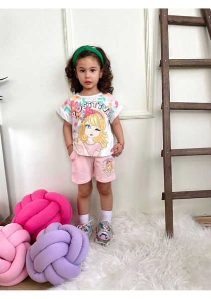 Positive Kız Desenli Cepli Şortlu Kız Çocuk Kısa Kol Takım Pembe 6338-P