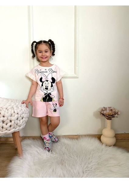 Minnie Mause Cepli Şortlu Kız Çocuk Kısa Kol Takım Pembe 6309-P