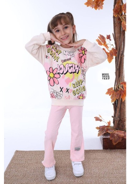 Love Sweat Desenli Pembe Fitilli Taytlı 2 Ip Pamuk Kız Çocuk Takımı 3-10 Yaş 7223-P