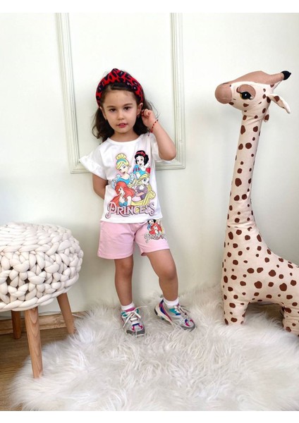 Prensesler Cepli Şortlu Kız Çocuk Kısa Kol Takım Pembe 6317-P