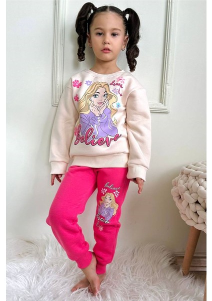 Believe Desenli Fuşya 3 Ip Şardonlu Pamuk Kız Çocuk Eşofman Takımı 3-10 Yaş 7348-F