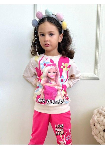 Barbie Desenli Fuşya 2 Ip Pamuk Kız Çocuk Eşofman Takımı 3-10 Yaş 7285-F
