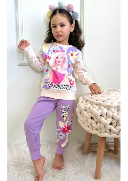 Barbie Desenli Lila 2 Ip Pamuk Kız Çocuk Eşofman Takımı 3-10 Yaş 7285-L