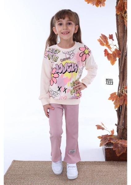 Love Sweat Desenli Gül Kurusu Fitilli Taytlı 2 Ip Pamuk Kız Çocuk Takımı 3-10 Yaş 7223-GK
