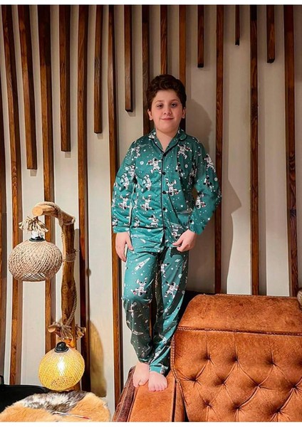 Pjk Astronot Desenli Yeşil Uzun Kollu Önden Düğmeli Erkek Çocuk Pijama Takımı 4-12 Yaş 702U
