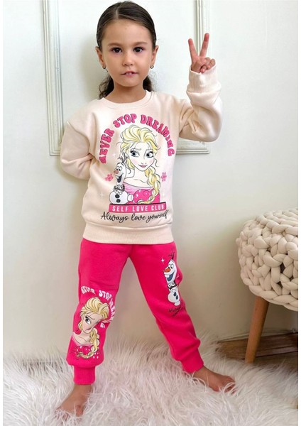 Frozen Elsa Desenli Fuşya 3 Ip Şardonlu Pamuk Kız Çocuk Eşofman Takımı 3-10 Yaş 7350-F