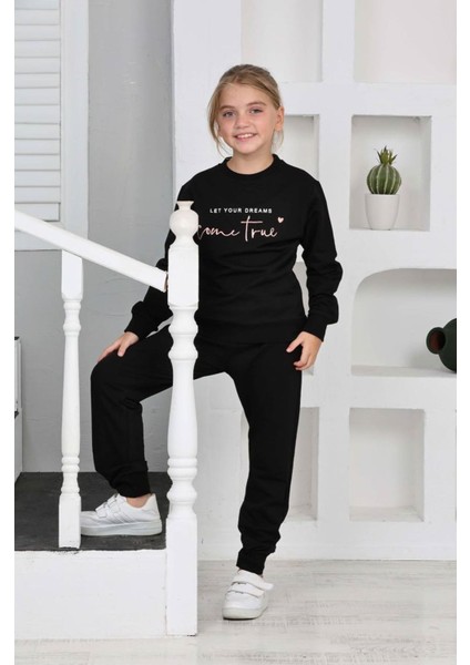 Come True Desenli Siyah 2 Ip Pamuk Kız Çocuk Eşofman Takımı 5-14 Yaş 7291-S