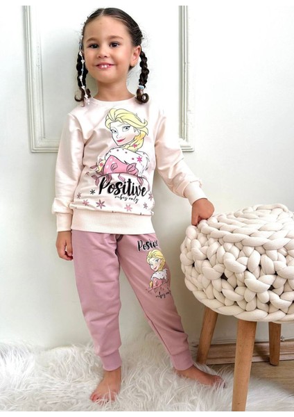 Frozen Elsa Desenli Gül Kurusu 2 Ip Pamuk Kız Çocuk Eşofman Takımı 3-10 Yaş 7287-GK