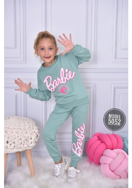 Barbie Desenli Yeşil 2 Ip Pamuk Kız Çocuk Eşofman Takımı 5-14 Yaş 5052-Y