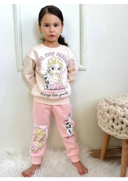 Frozen Elsa Desenli Pembe 3 Ip Şardonlu Pamuk Kız Çocuk Eşofman Takımı 3-10 Yaş 7350-P