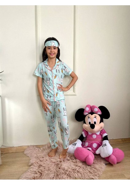 Pjkö Tavşan Desenli Mint Kısa Kollu Önden Düğmeli Kız Çocuk Pijama Takımı 4-12 Yaş 568K
