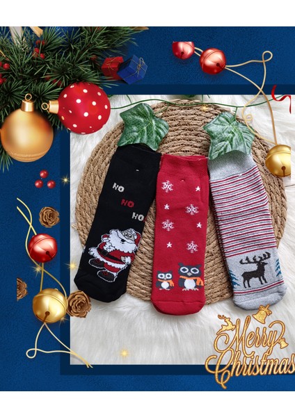 Minilkabebe Yılbaşı Desen Havlu Yarım Soket Çorap 3 Lü 36-40 Numara