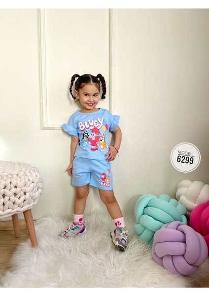Bluey Şortlu Kız Çocuk Kısa Kol Takım Mavi 6299-M