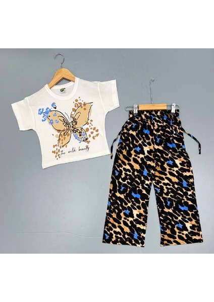 Kelebek Desen Leopar Pantolonlu Kız Takım Ekru 4-12 Yaş 7086-E
