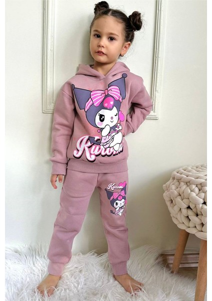 Kuromi Desenli Gül Kurusu 3 Ip Şardonlu Kapşonlu Pamuk Kız Çocuk Eşofman Takımı 3-10 Yaş 7347-GK