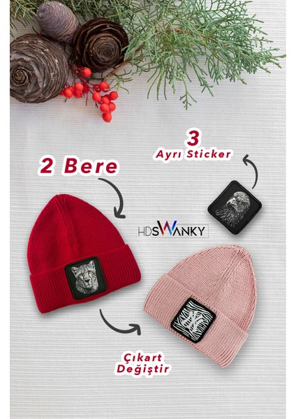 Unisex 3 Farklı Sticker Tasarımlı 2 Farklı Renkte Kırmızı ve Toz Pembe Bere