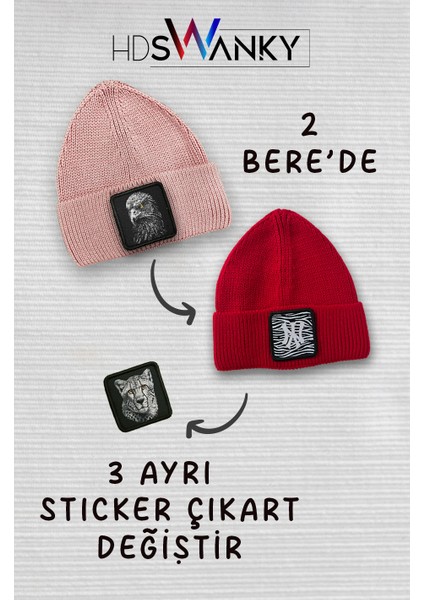 Unisex 3 Farklı Sticker Tasarımlı 2 Farklı Renkte Kırmızı ve Toz Pembe Bere fiyatları