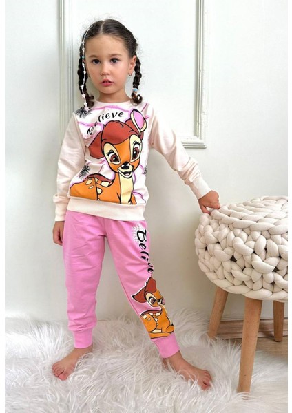 Bambi Desenli Pembe 2 Ip Pamuk Kız Çocuk Eşofman Takımı 3-10 Yaş 7282-P
