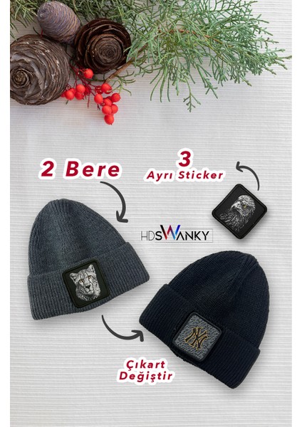 Unisex 3 Farklı Sticker Tasarımlı 2 Farklı Renkte Siyah ve Koyu Gri Bere